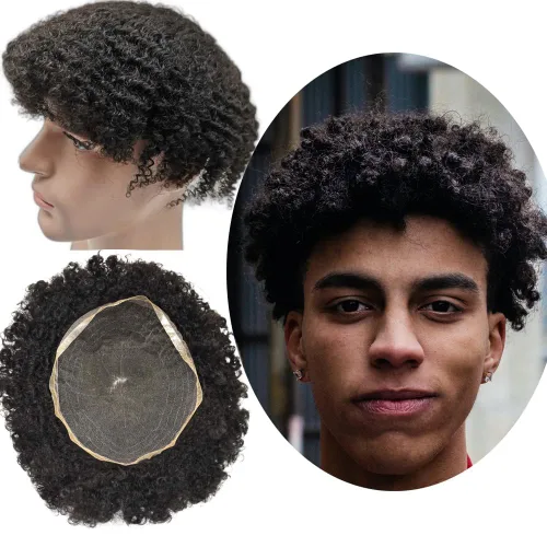 Miniatura 16 de Pelucas afro rizadas para hombre, con encaje francés, de 10 x 8 pulgadas, completamente transparente, de repuesto, sistema de cabello humano rizado
