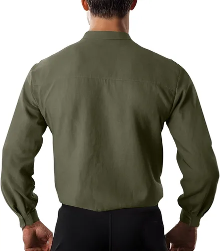 Miniatura 3 de Camisa de manga larga para hombre, sin cuello, ligera, transpirable, Guayabera Cuba camisa con botones para la playa Verde militar