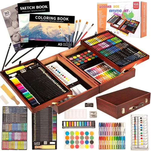 KINSPORY Juego de 168 piezas de suministros de arte, set de arte de madera de lujo, kit de dibujo, pintura y colorear, 3 paquetes de blocs de