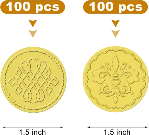 Miniatura 2 de Zonon 100 calcomanías de sellado de cera dorada de 2 patrones, sellos de sobres dorados, sellos redondos en relieve con patrón de flores