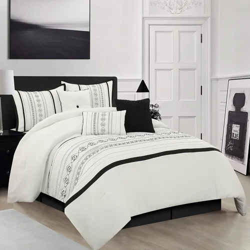 Miniatura 17 de Grand Avenue Juegos de cama con diseño geométrico negro/rojo, tamaño Queen con edredón, 7 piezas, funda de almohada, falda de cama, almohada