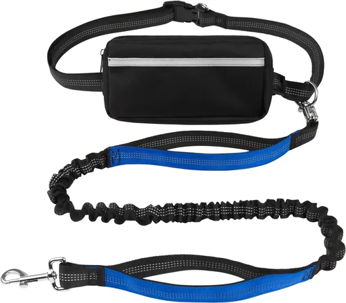 Correa para perro manos libres con cinturón y bolsa grande con cremallera, correa de cintura para pasear perros, correr y senderismo, costuras Negro