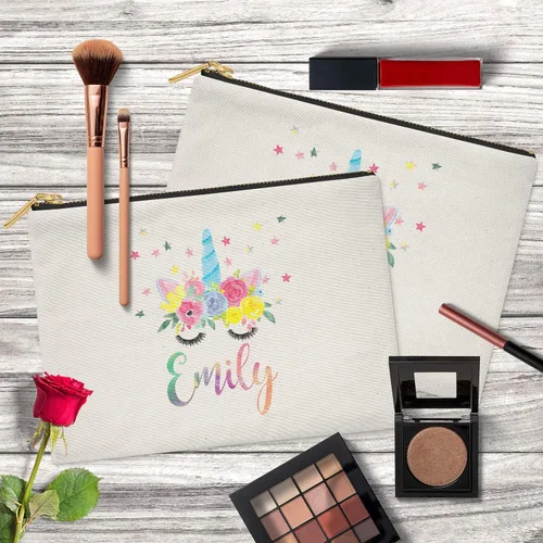 Miniatura 3 de Bolsa de maquillaje, bolsa de cosméticos, bolsa de cosméticos, bolsa de maquillaje con nombre personalizado de unicornio en acuarela, bolsa