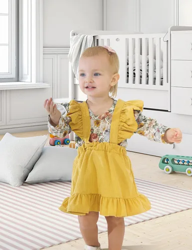 Miniatura 3 de ATEUNO Newborn Baby Girl Clothes Long Sleeve Floral Romper Tops Ruffle Suspender Skirt Set Infant Overall Dress Fall Outfits