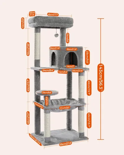 Miniatura 4 de PETEPELA Árbol para gatos de 56.3 pulgadas de alto para gatos de interior, torre para gatos de varios niveles con hamaca súper grande