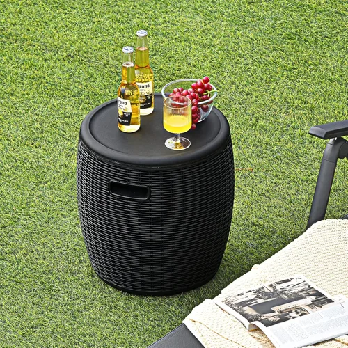Miniatura 2 de Giantex Enfriador de hielo de 9.5 galones, baúl redondo de mimbre, cubo de hielo para vino de cerveza al aire libre, tapa superior, asas laterales