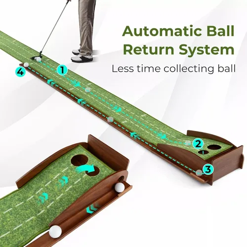 Miniatura 5 de Alfombrilla de golf para interiores con putter y 5 bolas, juego de devolución automática de bolas, terciopelo mate para el hogar, oficina, patio