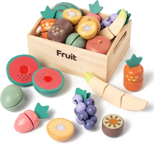Juego de 10 piezas de alimentos de madera de frutas para cocina de niños, juguetes de frutas de madera para cortar para niños pequeños y niños de 3