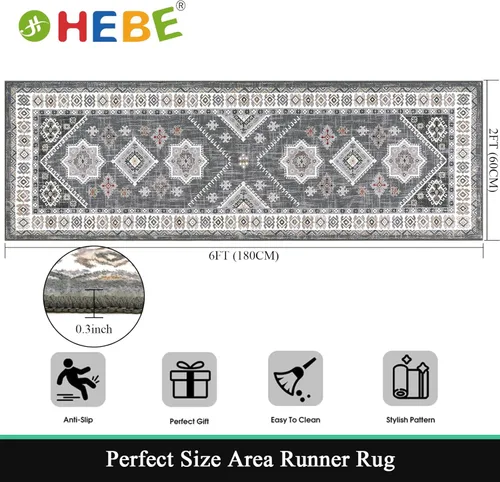 Miniatura 2 de HEBE - Alfombra de pasillo de 2 x 6 pies, antideslizante, lavable, estilo bohemio, para pasillo, alfombra vintage para cocina, entrada, baño, Gris