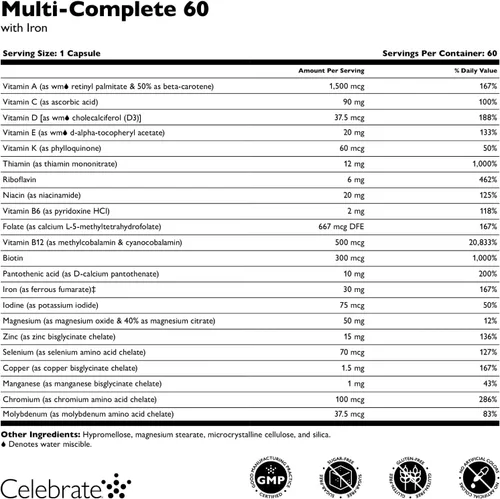 Miniatura 3 de Celebrate Vitamins Multi-Complete, 60mg Hierro – Multivitamínico bariátrico diario para pacientes con gastrectomía de manga y cirugía de bypass
