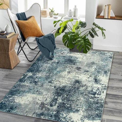Lahome - Alfombra abstracta de 3 x 5 pies, alfombra lavable azul gris para entrada sin deslizamiento, alfombra moderna de pelo bajo y suave para