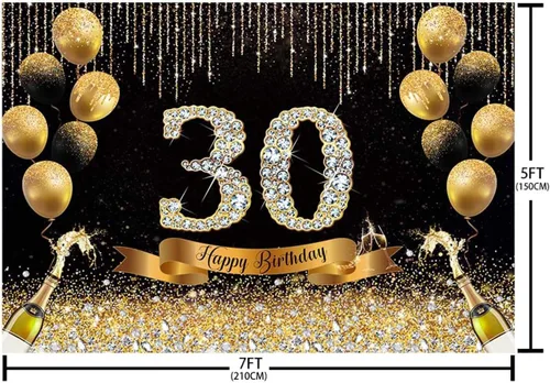 Miniatura 3 de AIBIIN Telón de fondo de 30 cumpleaños negro y dorado de 7 x 5 pies con texto en inglés "Cheers to 30" Anniversary Photography Background Women Gold