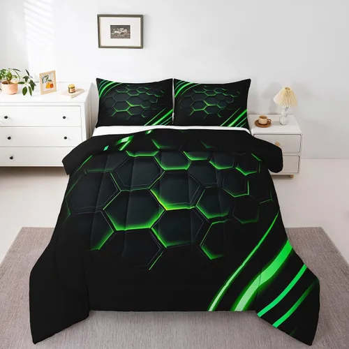 Miniatura 16 de Juego de ropa de cama individual de panal para niños y niños, color negro, verde azulado, azul, hexagonal, geométrico, patrón de colmena, edredón