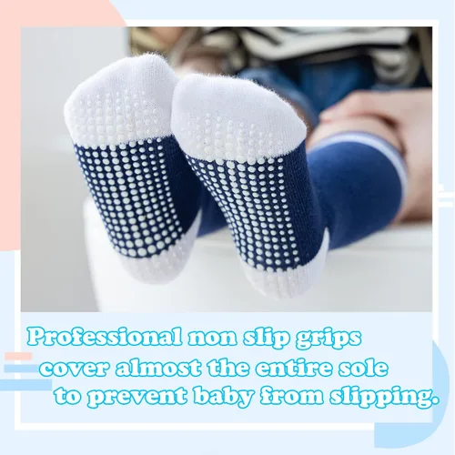 Miniatura 4 de Calcetines altos hasta la rodilla para bebé, calcetines de tubo antideslizantes, 5 pares de calcetines de agarre atlético, niños y niñas