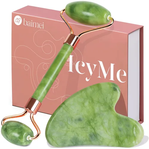 BAIMEI IcyMe Gua Sha y rodillo de jade - Herramientas faciales, rodillo facial y juego de Gua Sha para reducir la hinchazón y el enrojecimiento,