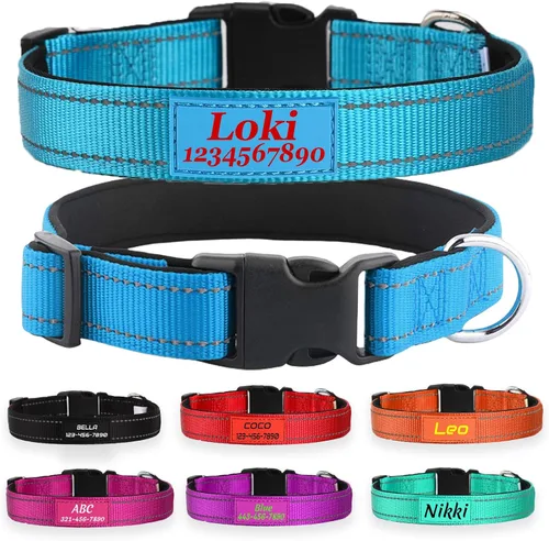 Miniatura 13 de Collar de perro de nailon reflectante personalizado con nombre y número de teléfono personalizados, 5 tamaños y 3 fuentes, acolchado de neopreno