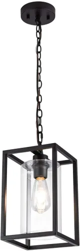 MAYNA Lámpara colgante de granja de 1 luz, lámparas de jaula de metal negro con cadena ajustable y pantalla de vidrio, luces colgantes para isla de