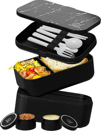 Miniatura 6 de Umami Cajas de almuerzo con 4 utensilios, tarro de salsa, Caja bento apilable que ahorra espacio para adultos, 100% a prueba de fugas, contenedores