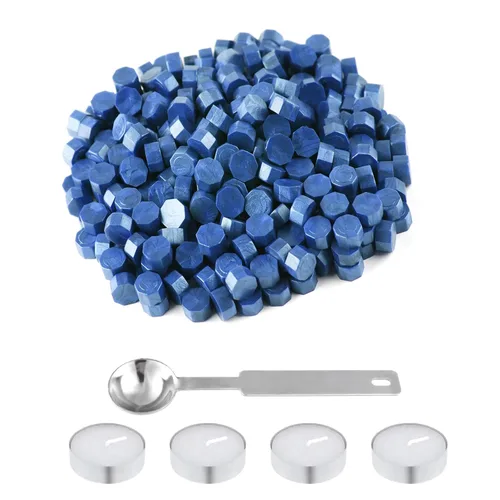 NACHLYNN 600 cuentas de cera de sellado octágono, cuentas de sello de cera azul cielo con 1 cuchara de fusión y 4 velas de té para tarjetas de