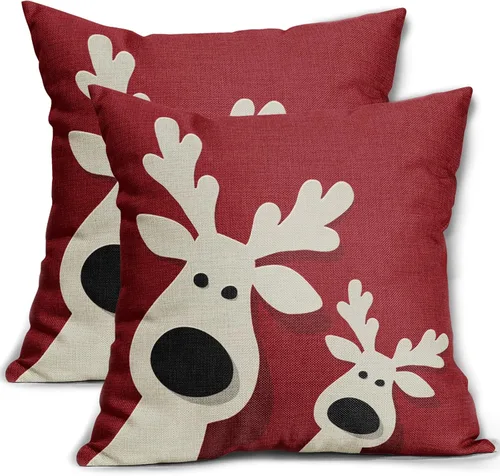 Juego de 2 fundas de almohada rojas de Navidad de 16 x 16 pulgadas, decoración de Navidad de ciervos de Navidad, estampado de invierno, fundas de