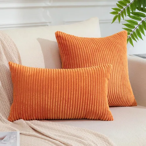 Miniatura 6 de OTOSTAR Juego de 2 fundas de almohada decorativas de pana suave, a rayas, para decoración del hogar, para sofá, cama, sala de estar, 22 x 22 Naranja