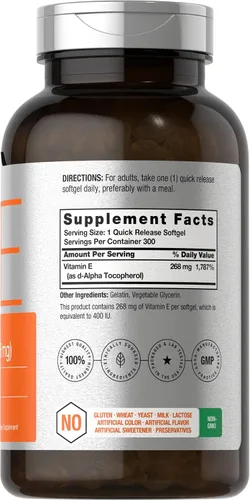 Miniatura 2 de Horbäach Suplemento de vitamina E 400 UI (268 mg) 300 cápsulas de cápsulas blandas D-alfa tocoferol Fórmula sin OMG y sin gluten