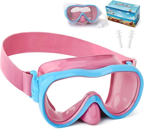 Miniatura 19 de Máscara de snorkel para niños, máscara de buceo de 180° con cubierta para la nariz, gafas de natación antiniebla para niños con correa de tela Azul
