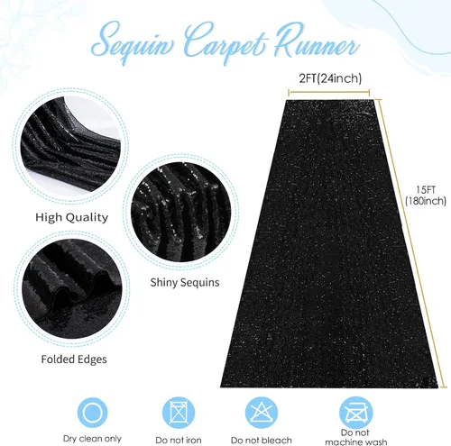 Miniatura 3 de Alfombra de pasillo de 2 x 15 pies para fiesta, alfombra de lentejuelas negras para decoración de baile de graduación, banquete brillante