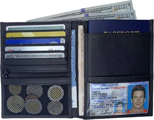 Miniatura 4 de Soporte para pasaporte de viaje de cuero genuino con bloqueo RFID, Negro -, Cartera Rfid
