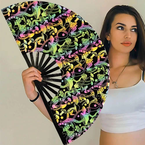 Miniatura 5 de Ventilador de mano plegable de bambú holográfico con funda para hombresmujeres, ventilador de mano para EDM, festival de música, club, extraño