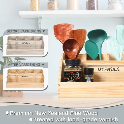 Miniatura 6 de Innovation Soporte para utensilios de cocina para encimera con 5 compartimentos, organizador de utensilios con asas, soporte de utensilios de madera
