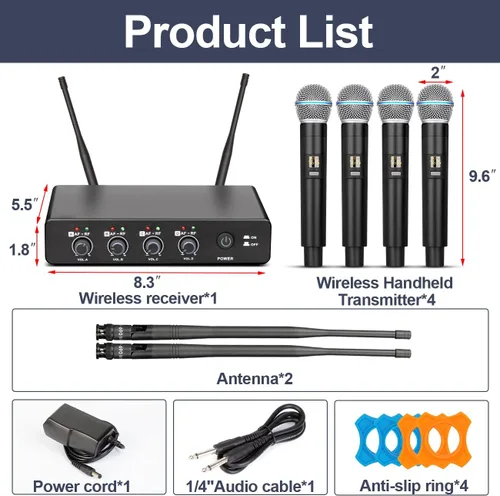 Miniatura 8 de Depusheng R4 - Micrófonos inalámbricos para karaoke profesional, 4 canales, sistema de micrófono inalámbrico de mano, micrófono dinámico de metal