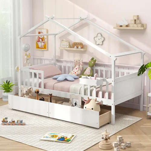 Miniatura 11 de Giantex Cama individual para niños con cajones de almacenamiento, cama Montessori de madera con rieles y estante lateral, sofá cama baja para niños