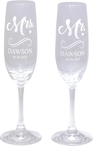 Miniatura 7 de Juego de 2 copas de champán personalizadas – Flautas de champán grabadas Mr and Mrs – Regalo de cristalería con tallo personalizado para boda