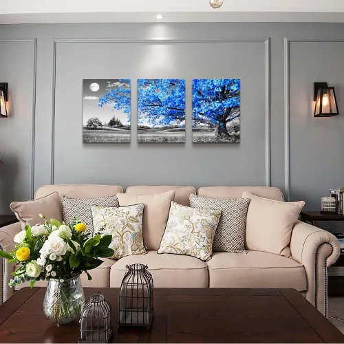 Miniatura 6 de Arte de pared para sala de estar, blanco y negro, árbol azul, luna, lienzo para decoración de pared para el hogar, obra de arte enorme, pintura