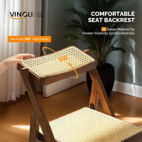 Miniatura 4 de VINGLI Silla de comedor de ratán, silla plegable de madera con respaldo giratorio de 360°, marco de madera de caucho y asiento y respaldo tejidos