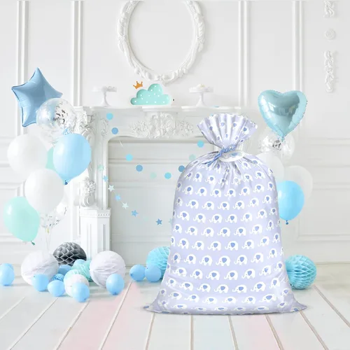 Miniatura 5 de WRAPAHOLIC Bolsa de regalo de plástico grande de 56 pulgadas para bebé, diseño de elefante azul, bolsa de regalo para baby shower, cumpleaños