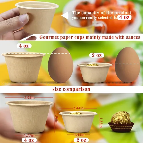 Miniatura 2 de LeonBach Paquete de 100 cuencos de fibra de bagazo natural de 2 onzas, vasos de papel desechables para microondas, muestra segura, aperitivos, Marrón