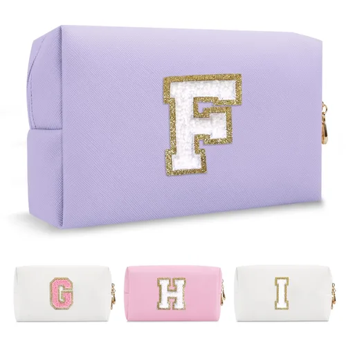 Miniatura 116 de Pequeña bolsa de maquillaje personalizada con inicial A-Z Preppy Patch, bolsa de cosméticos de viaje de felpilla blanca con cremallera, bonita bolsa