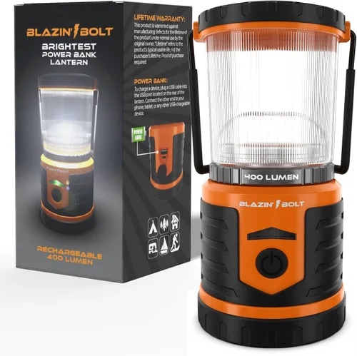 Linterna recargable USB resistente de Blazin Bolt | Banco de energía de 6000mAh | 400 lúmenes | 400 horas de luz | 6 modos | Para camping,