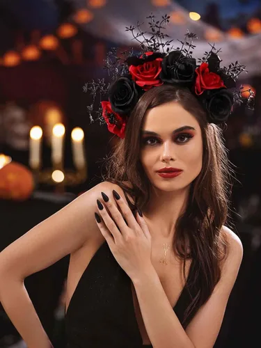 Miniatura 7 de Woeoe Diadema de Halloween FLower con diseño de araña, Día de los Muertos, diseño floral, para disfraz de murciélago y fiesta para mujeres y niñas