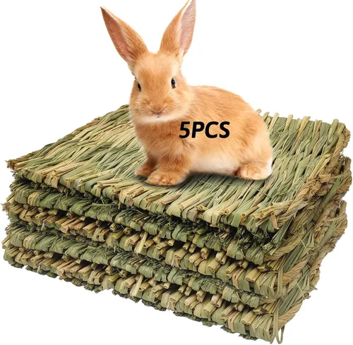 Alfombrilla de césped tejida para animales pequeños, 5 tapetes de hierba, ropa de cama de conejo, nido, juguete para masticar, juguete para jugar en