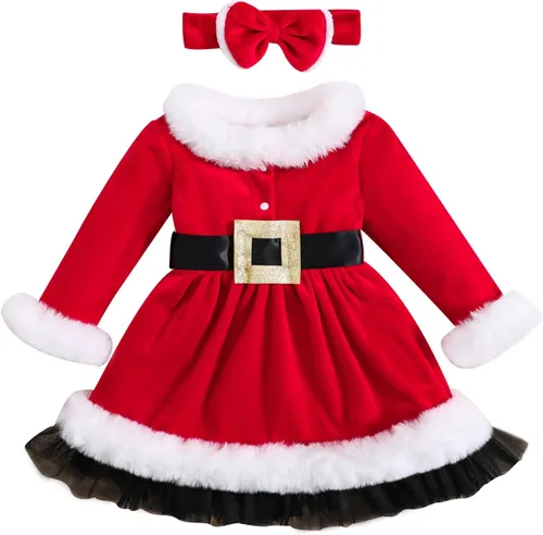 KnniMorning TEES Vestido de Navidad rojo para niña pequeña, vestido de terciopelo de manga larga, vestido de Papá Noel, vestidos de invierno para