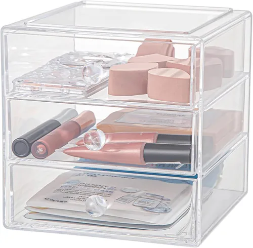 Miniatura 7 de AJIODA Caja organizadora de cajones de maquillaje con 3 cajones, vitrina de acrílico para cosméticos, organizador de tocador, caja de almacenamiento