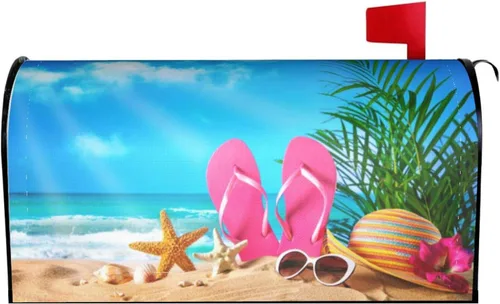 Chanclas con diseño de conchas de estrella de mar y gafas de sol en la playa, cubierta magnética de buzón de verano, decoración de buzón de 25.5 x