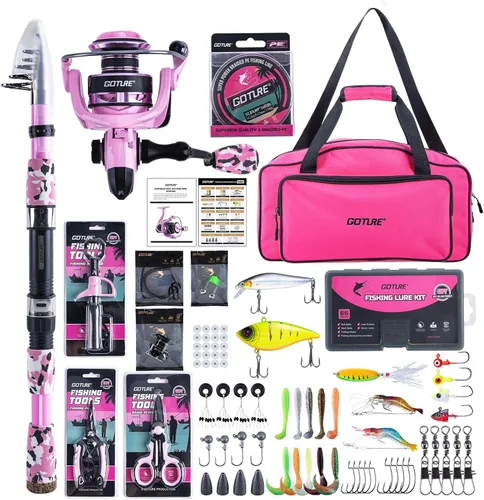 Miniatura 24 de Goture Combo de caña de pescar y carrete rosa - Carrete giratorio ML Action con bolsa rosa - Kit de caña telescópica para principiantes, viajes
