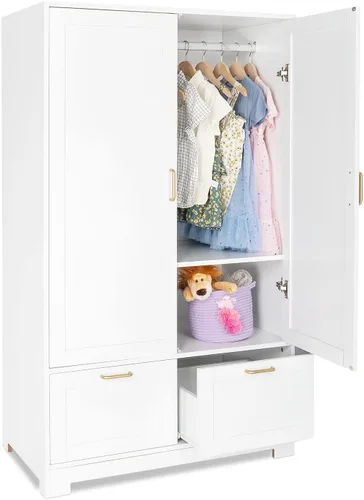 Miniatura 14 de VINGLI Armario Ropero Acanalado con Puertas y Cajones, Gabinete Armario con Barra para Colgar, Armario de Dormitorio de Madera de Roble, Armario