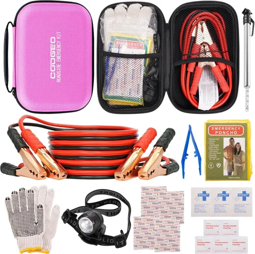 Miniatura 15 de Kit de emergencia en carretera para auto con cables de puente de batería, accesorios para auto para hombres o mujeres, kit de seguridad automotriz