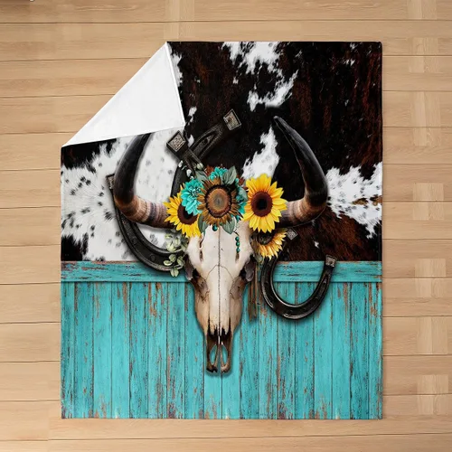 Miniatura 4 de Manta de franela de calavera de vaca de 50 x 60 pulgadas, manta sherpa de franela de girasoles amarillos para niños y adolescentes, manta de felpa