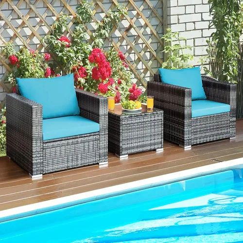 Miniatura 13 de Juego de muebles de patio de 3 piezas para exteriores, juego de conversación de mimbre de ratán con cojín resistente al agua y mesa de vidrio Beige